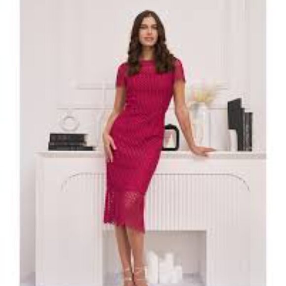 Kay Unger Tatum red sangria lace sheath cocktail midi dress size 14 - Picture 3 of 6